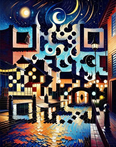 Starry Night Town Impressionist QR Code Art