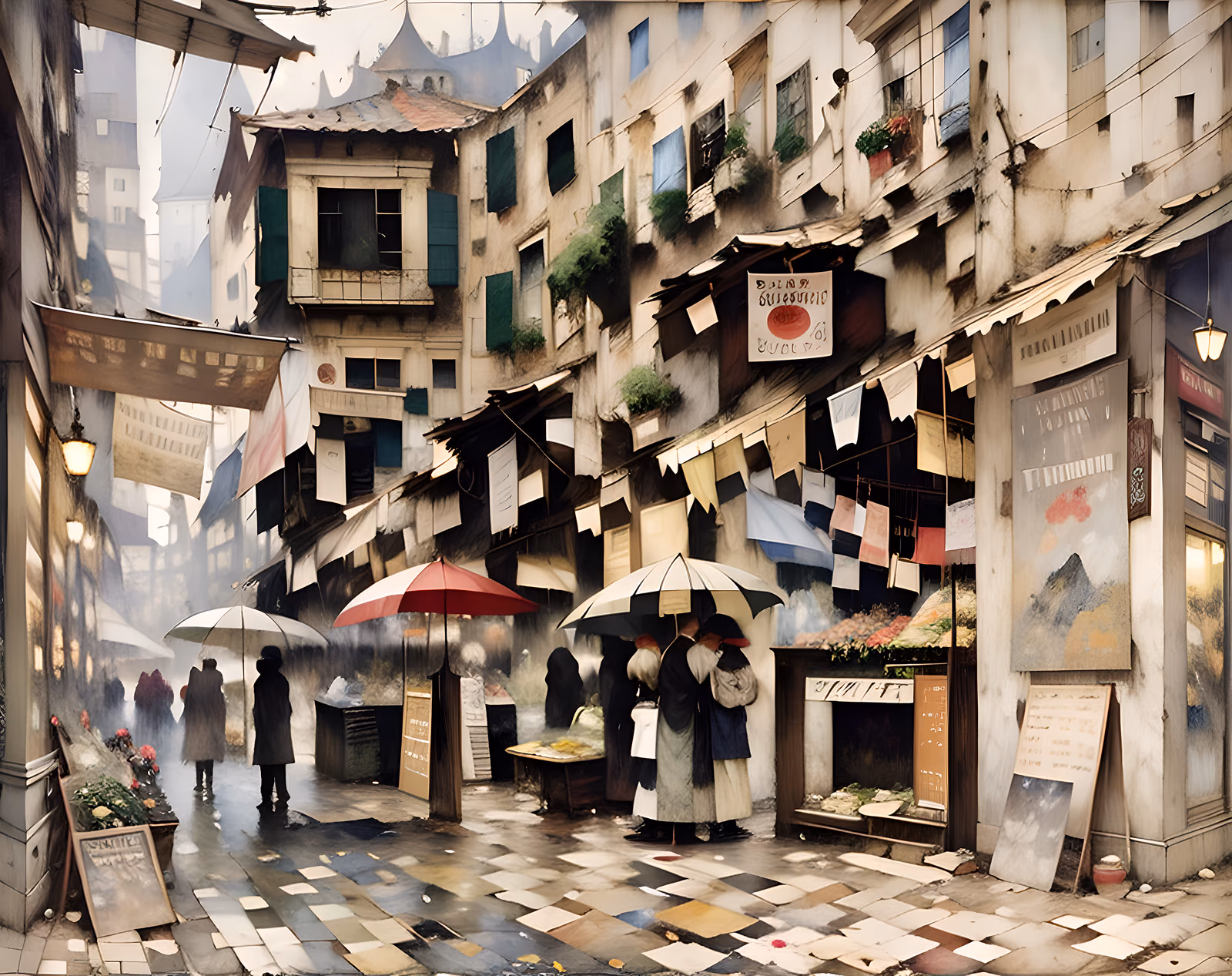 Foggy Market Street Watercolor QR Code Art — image 1