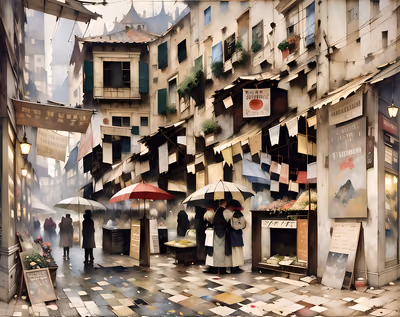 Foggy Market Street Watercolor QR Code Art — image 1
