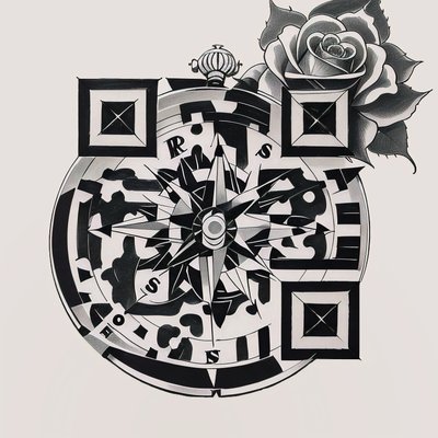 Compass and Rose Ink Tattoo QR Code for Temporary Tattoos