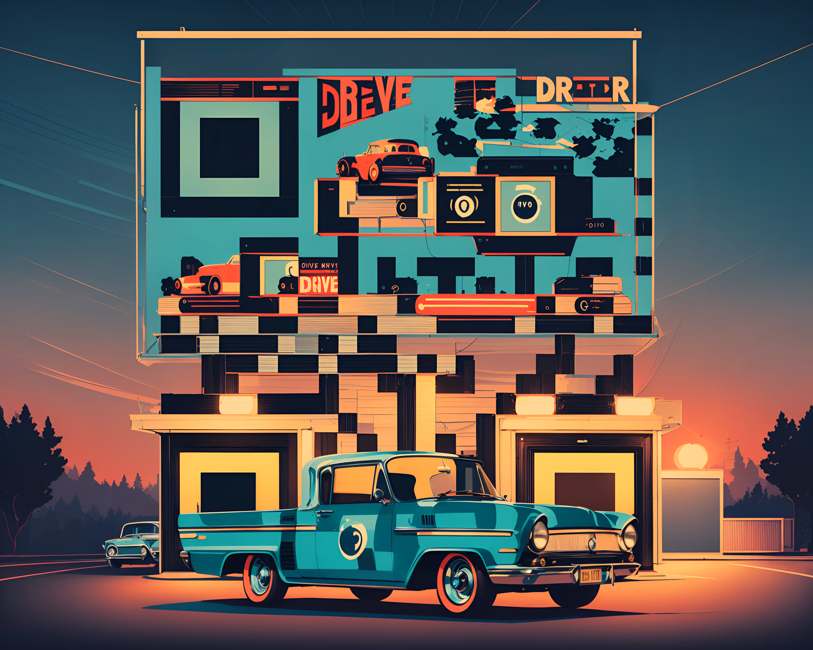 Retro Drive-In Theater Illustration QR Code for Posters — image 1
