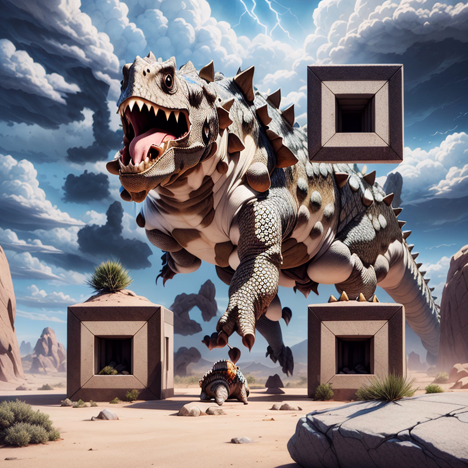 Ревущий анкилозавр в пустыне: 3D QR-код для постеров — изображение 1