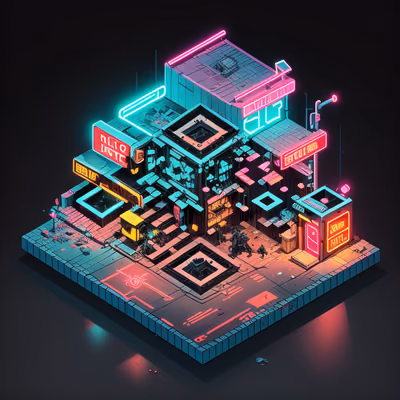 Isometric Cyberpunk Slum Neon QR Code for Posters — image 1
