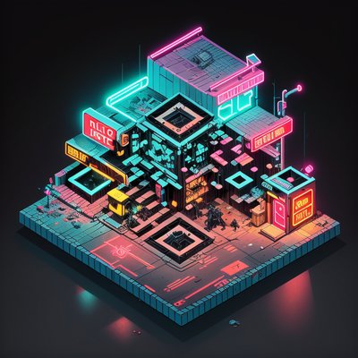 Isometric Cyberpunk Slum Neon QR Code for Posters