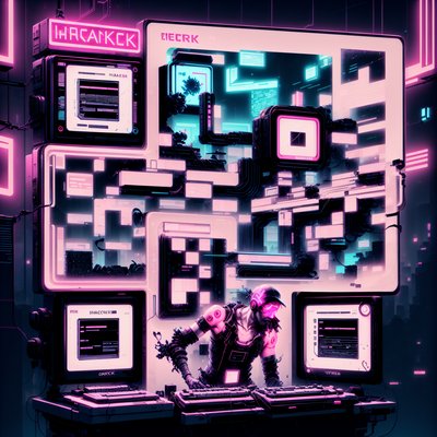 Хакер за неоновым терминалом: киберпанк QR-код для плакатов