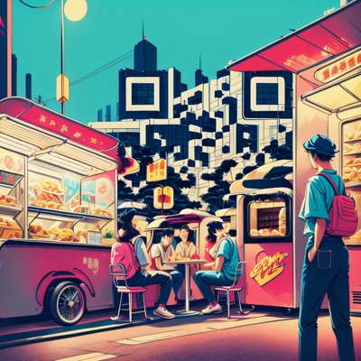 Гонконгская уличная тележка с едой: иллюстрация QR-код для плакатов