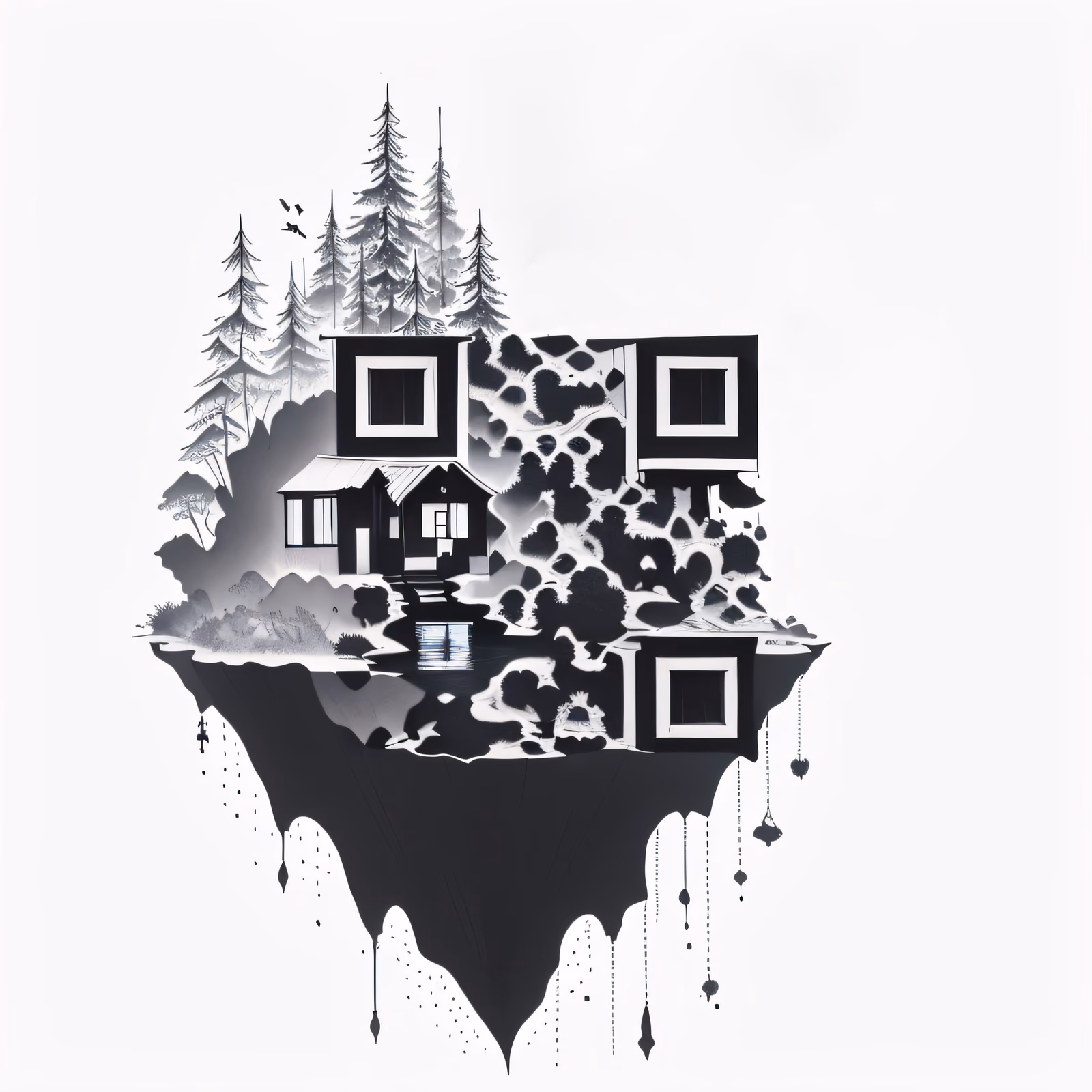 Хижина на парящем острове: QR-код в стиле чернильного рисунка — изображение 1