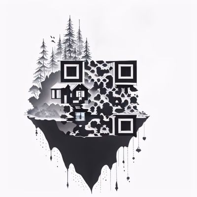 Хижина на парящем острове: QR-код в стиле чернильного рисунка — изображение 1