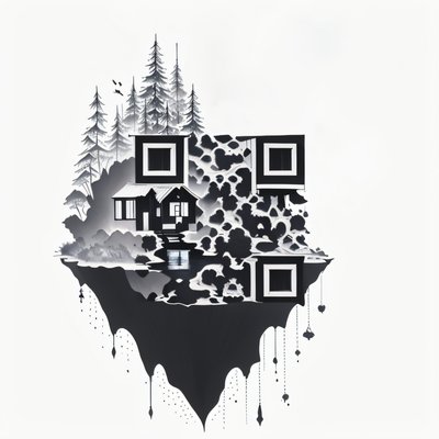 Floating Island Cabin Ink QR Code Art