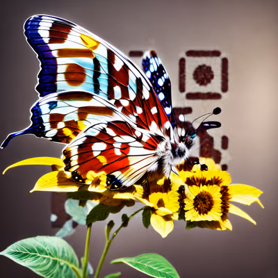Butterfly on Yellow Flowers Photorealistic Sunflower QR Code Art — image 1