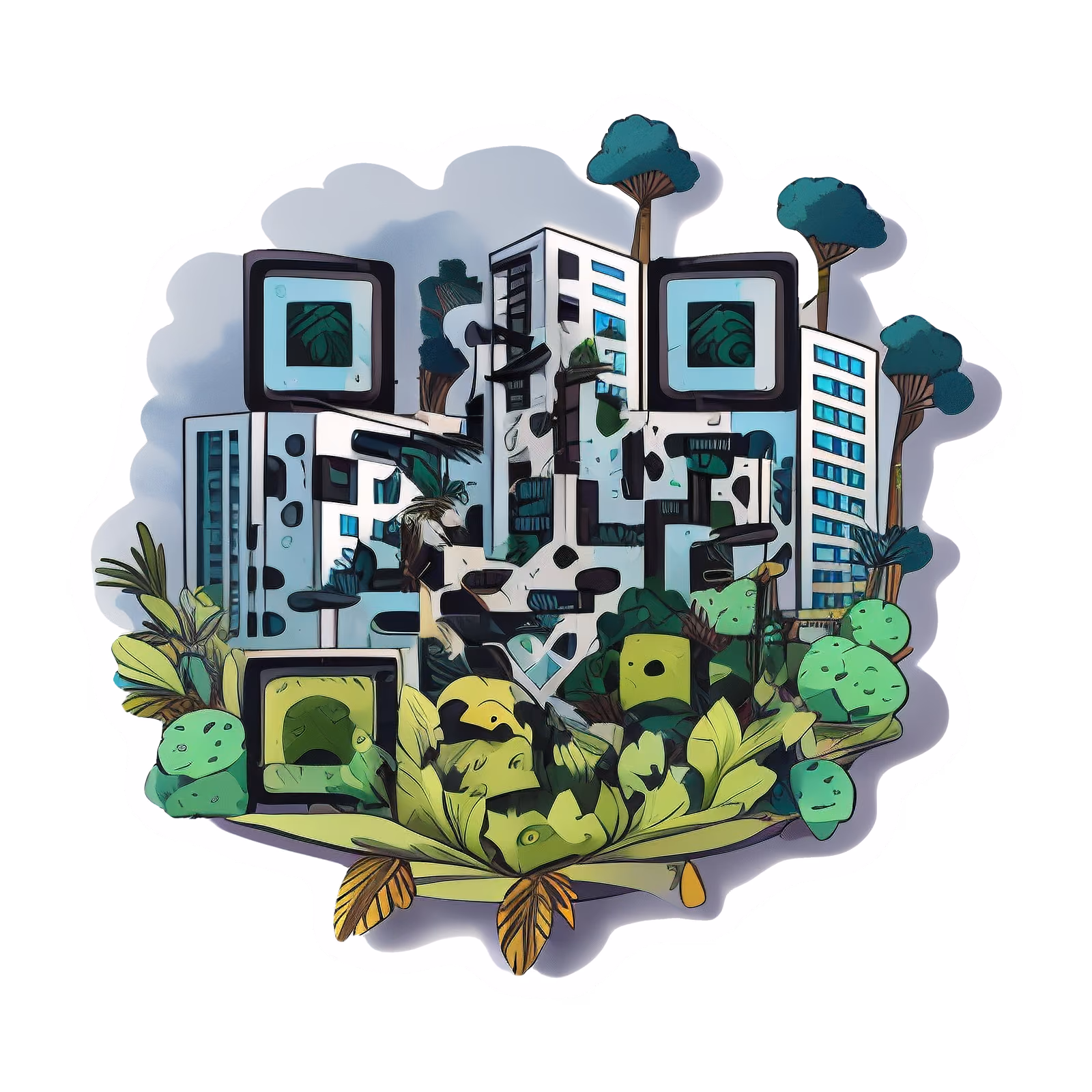 Green Overgrown City Vector QR Code for Stickers — image 1