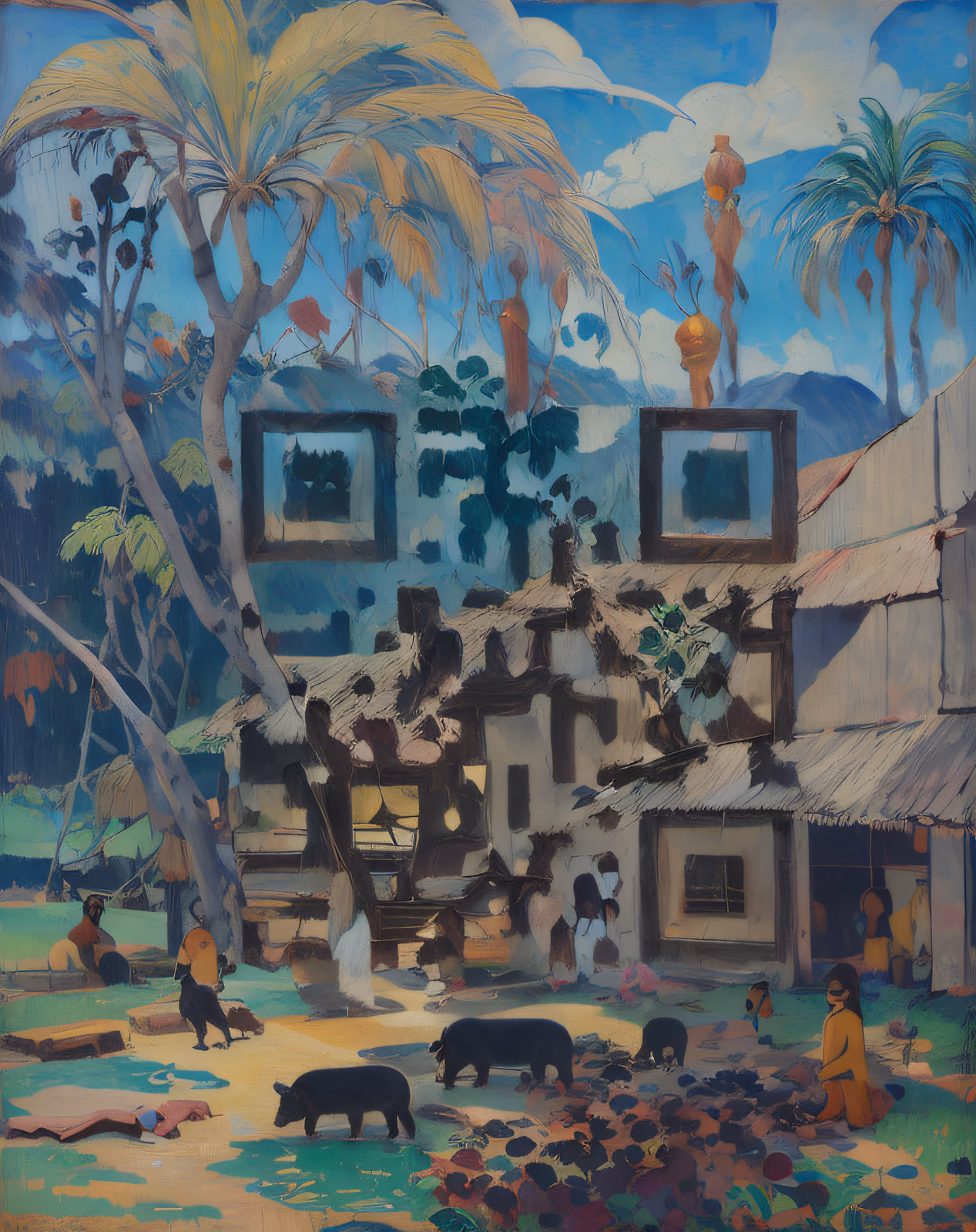 Tropical Village Black Pigs Painting QR Code Art — image 1