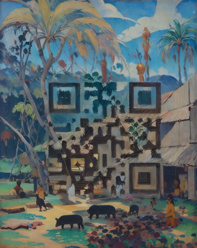 Tropical Village Black Pigs Painting QR Code Art