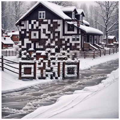 QR-код «Заснеженная деревня»: зимний пейзаж для открыток — изображение 1