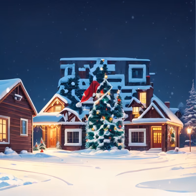 Snowy Christmas Village Digital Painting QR Code for Greeting Cards — image 1