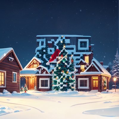 雪中圣诞村庄数字绘画二维码艺术,适用于贺卡
