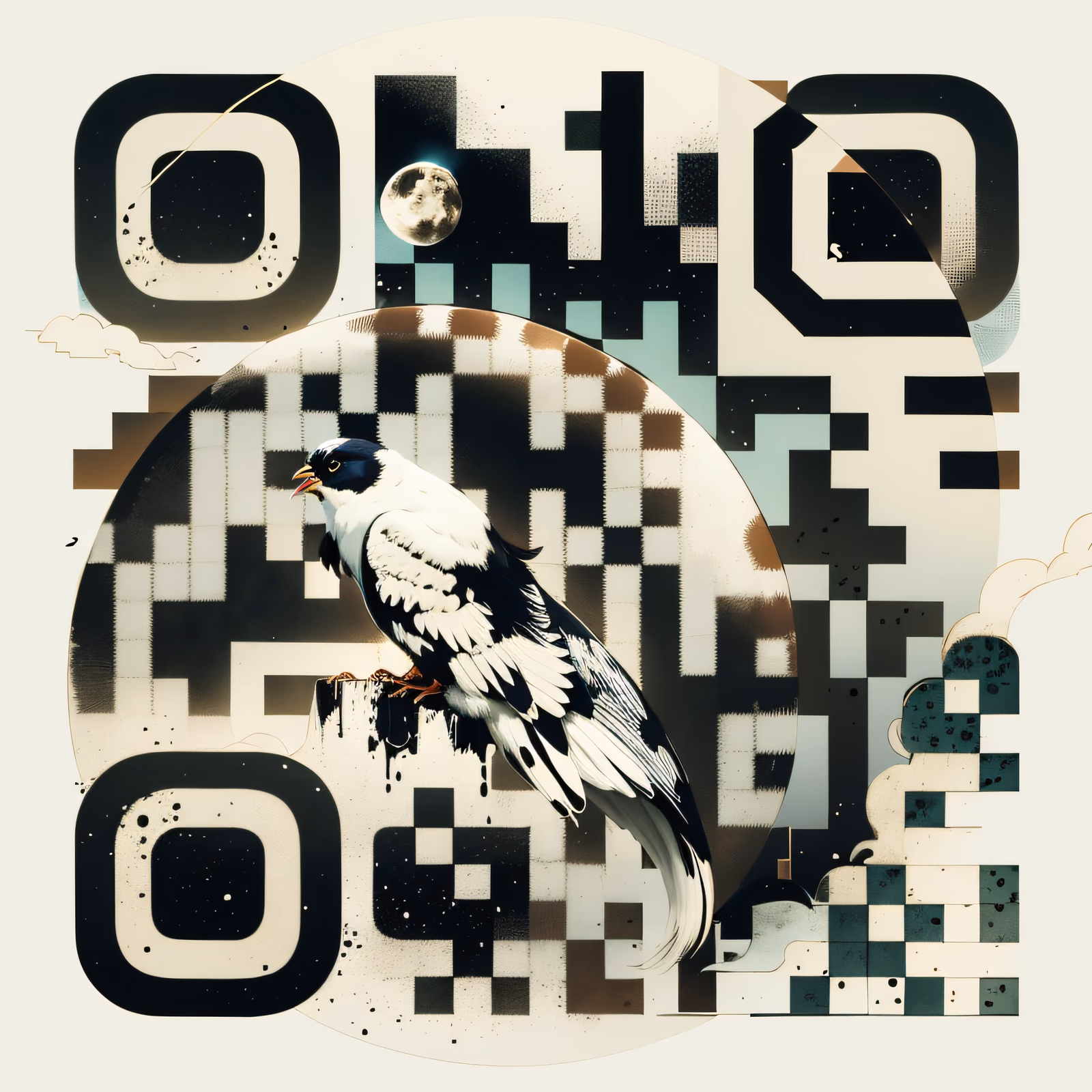 Perched Bird and Moon Collage QR Code Art — image 1