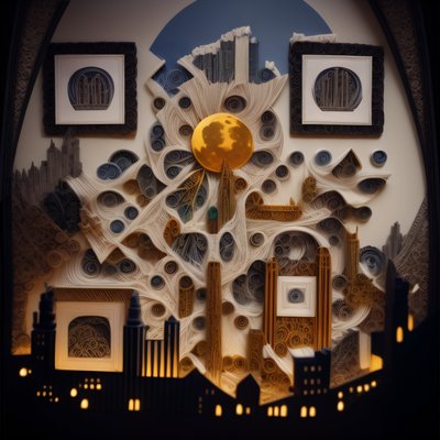 Quilled Paper City Full Moon QR Code Art