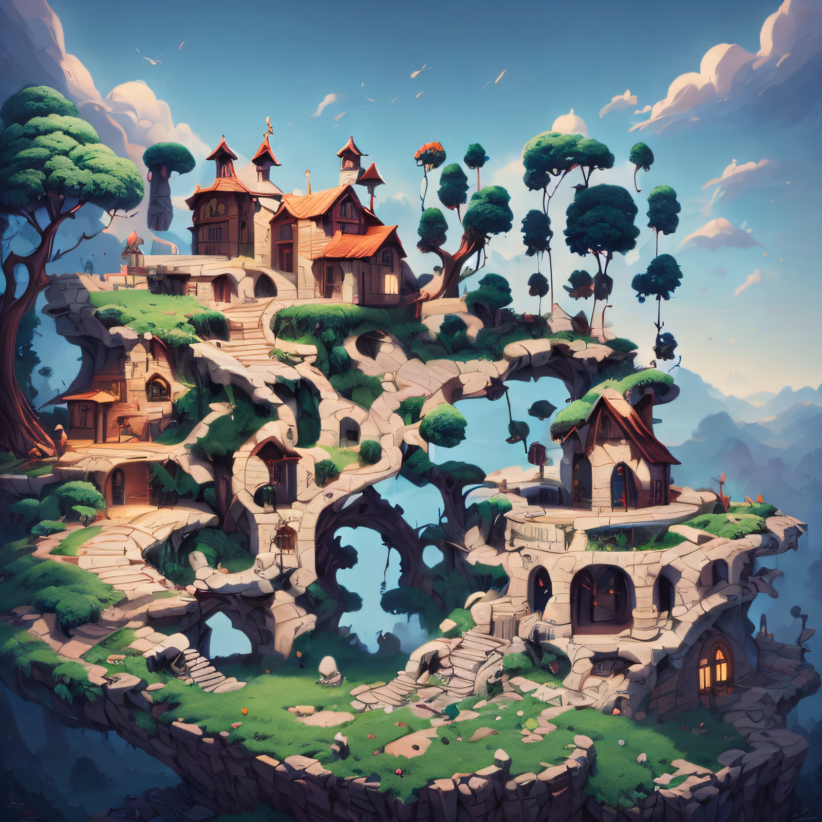 Floating Cliff Village Fantasy QR Code Art — image 1