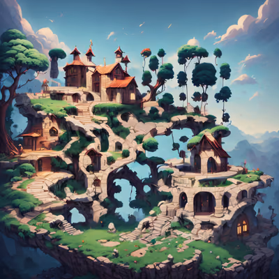 Floating Cliff Village Fantasy QR Code Art — image 1