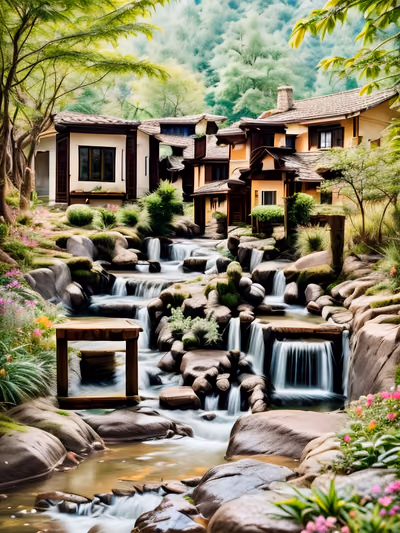Forest Stream and Cottages Photorealistic QR Code Art — image 1