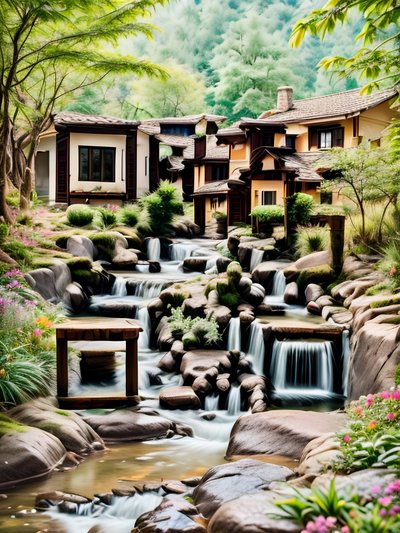 Лесной ручей и домики: фотореалистичный QR-код