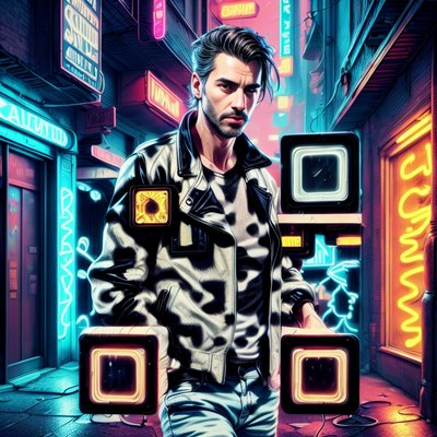 Neon Alley Man Cyberpunk QR Code for Posters
