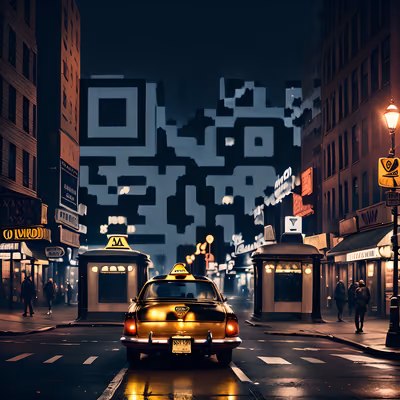 Жёлтое такси на ночной улице: кинематографичный QR-код для постеров — изображение 1