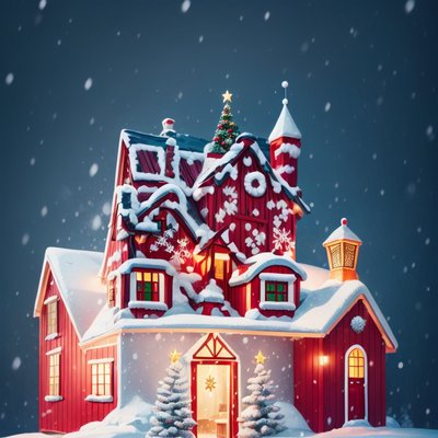 Snowy Red Christmas House Illustration QR Code for Greeting Cards