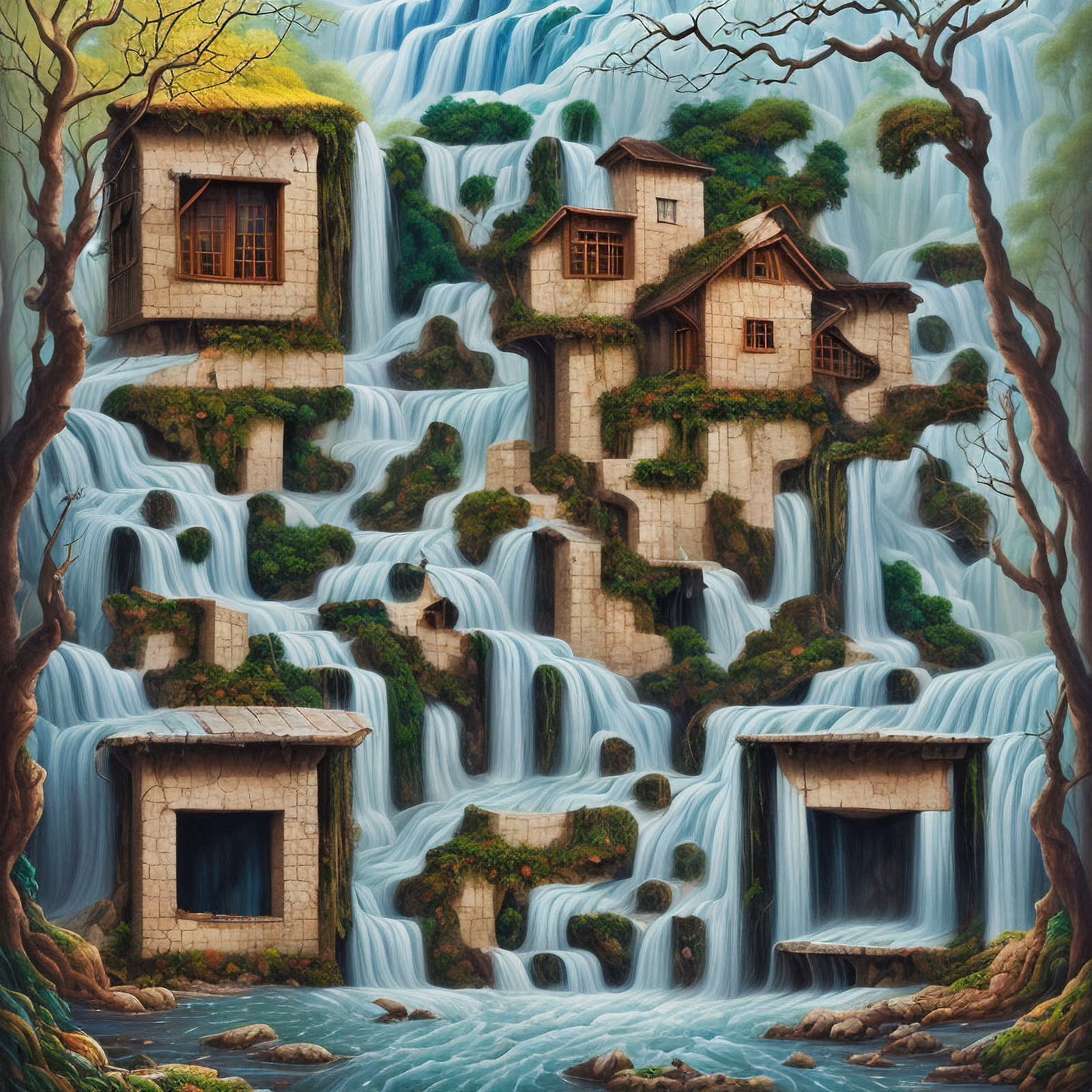 Waterfall Cottages Gouache Fantasy QR Code Art — image 1