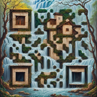 Waterfall Cottages Gouache Fantasy QR Code Art — image 1