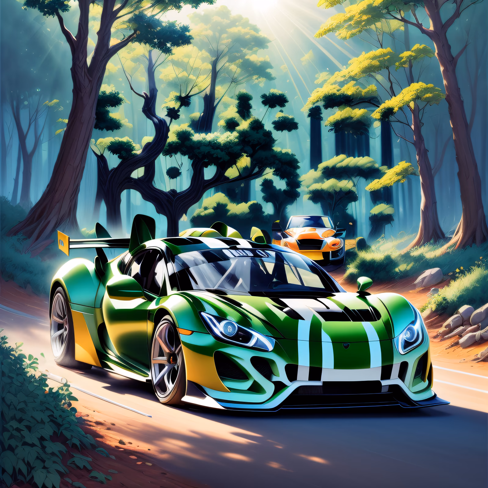 Green Sports Car Forest Race QR Code for Posters — image 1