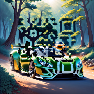 Green Sports Car Forest Race QR Code for Posters — image 1