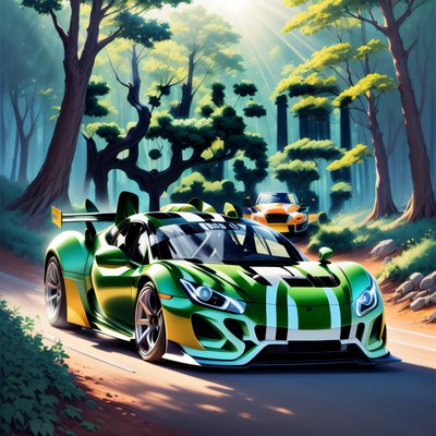 Green Sports Car Forest Race QR Code for Posters