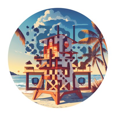 Ретро вышка спасателей на пляже, вектор: QR-код для стикеров