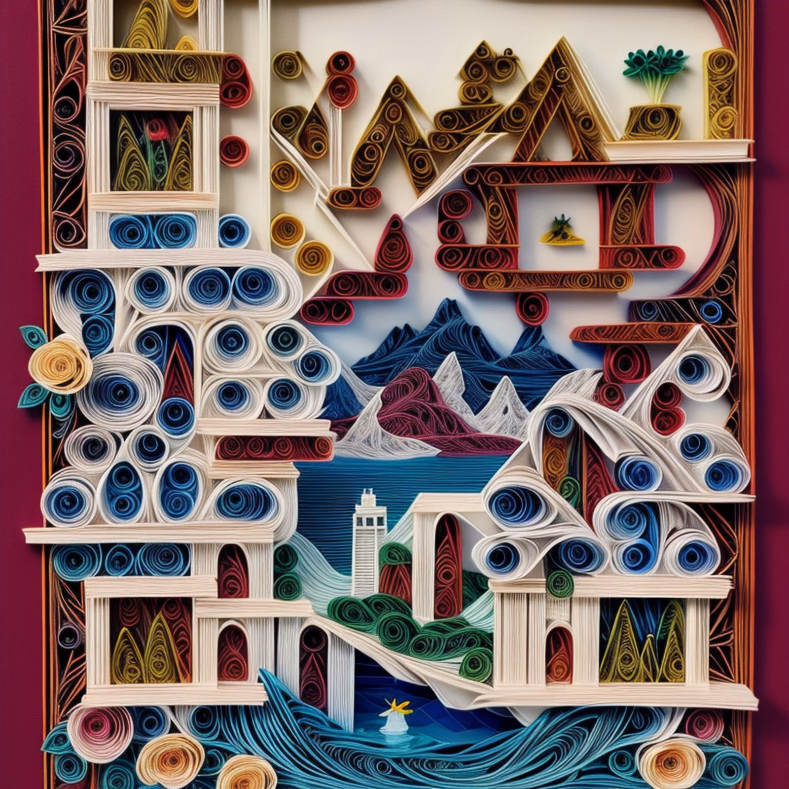 Paper Quilled Mountain Lake Scene QR Code Art — image 1