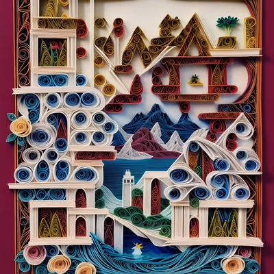 Paper Quilled Mountain Lake Scene QR Code Art — image 1