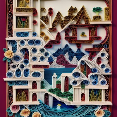 Paper Quilled Mountain Lake Scene QR Code Art