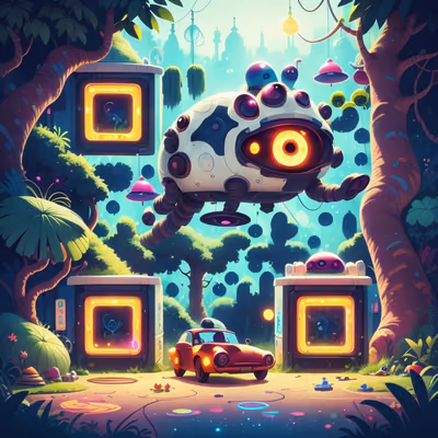 Alien Spaceship Neon Jungle Cartoon QR Code for Posters — image 1