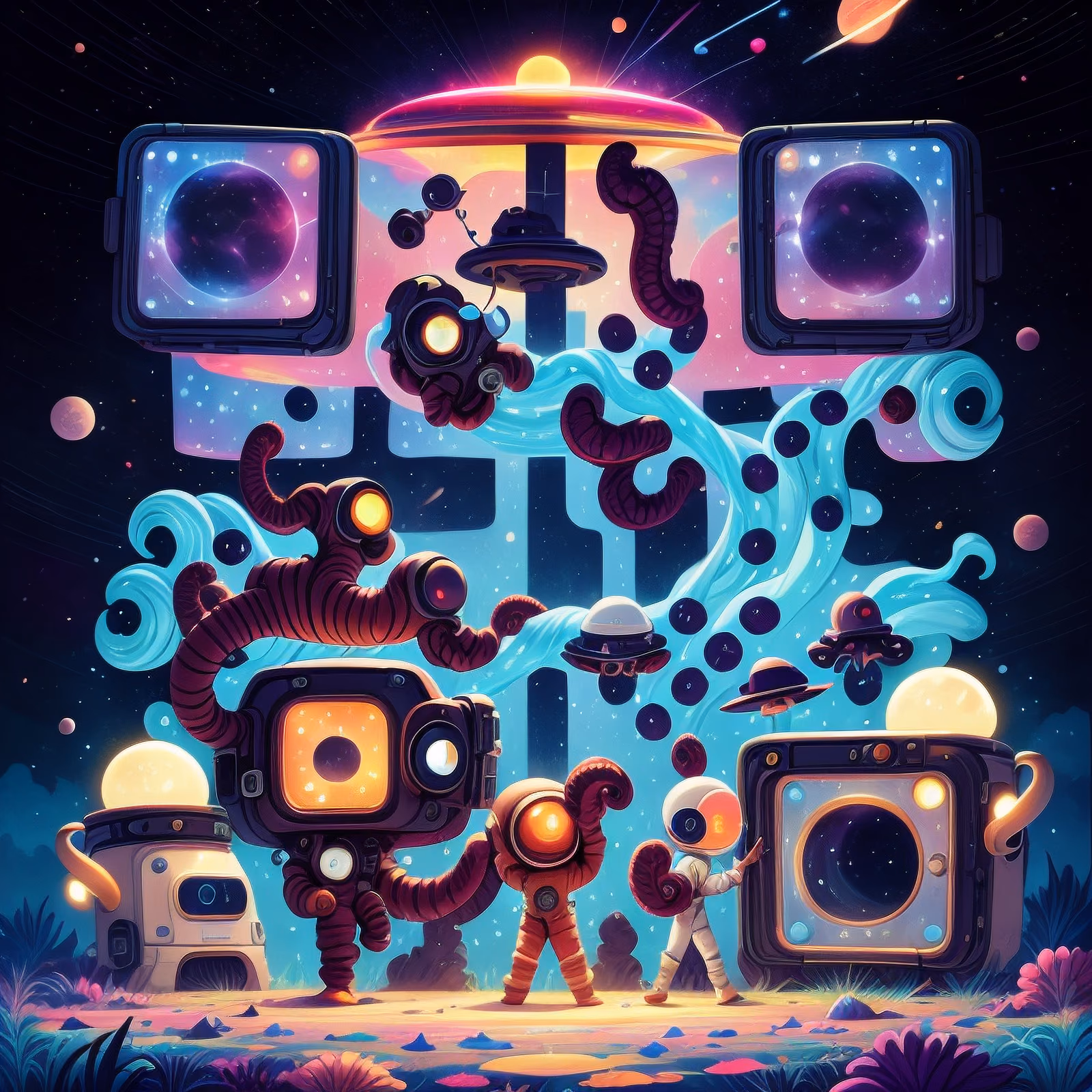 Cartoon Aliens UFO Scene QR Code for Posters — image 1