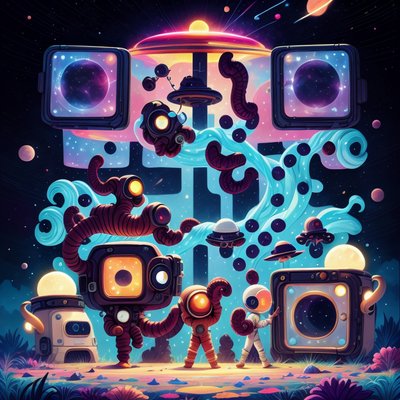Cartoon Aliens UFO Scene QR Code for Posters
