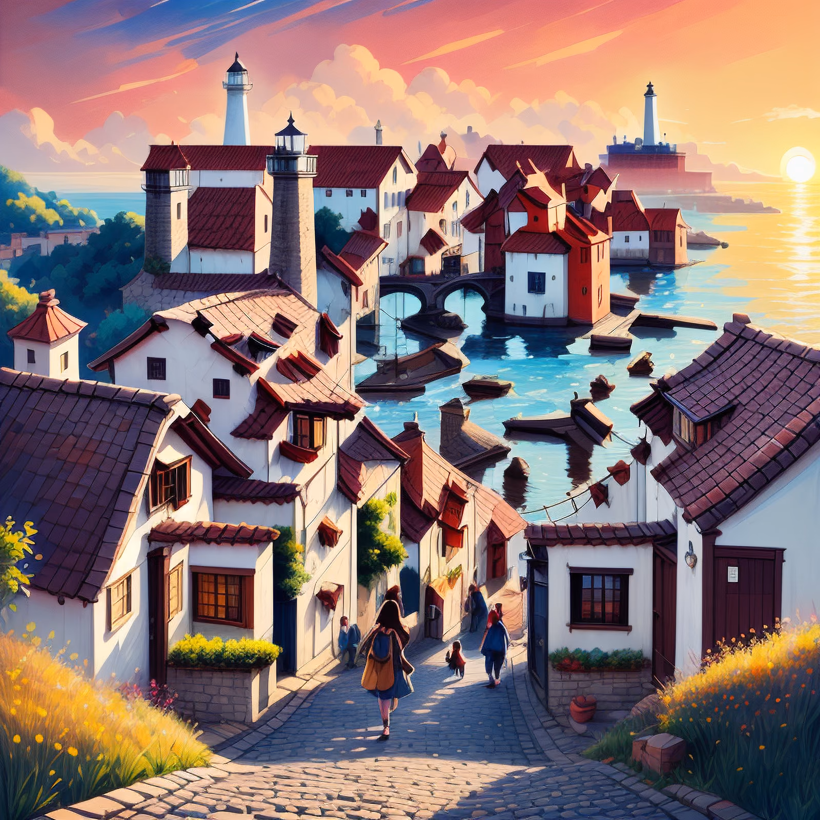 Coastal Village Lighthouse Gouache QR Code for Posters — image 1