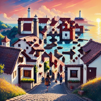 Coastal Village Lighthouse Gouache QR Code for Posters