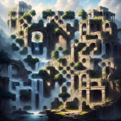 Waterfall Ruins Fantasy Matte Painting QR Code Art — image 1