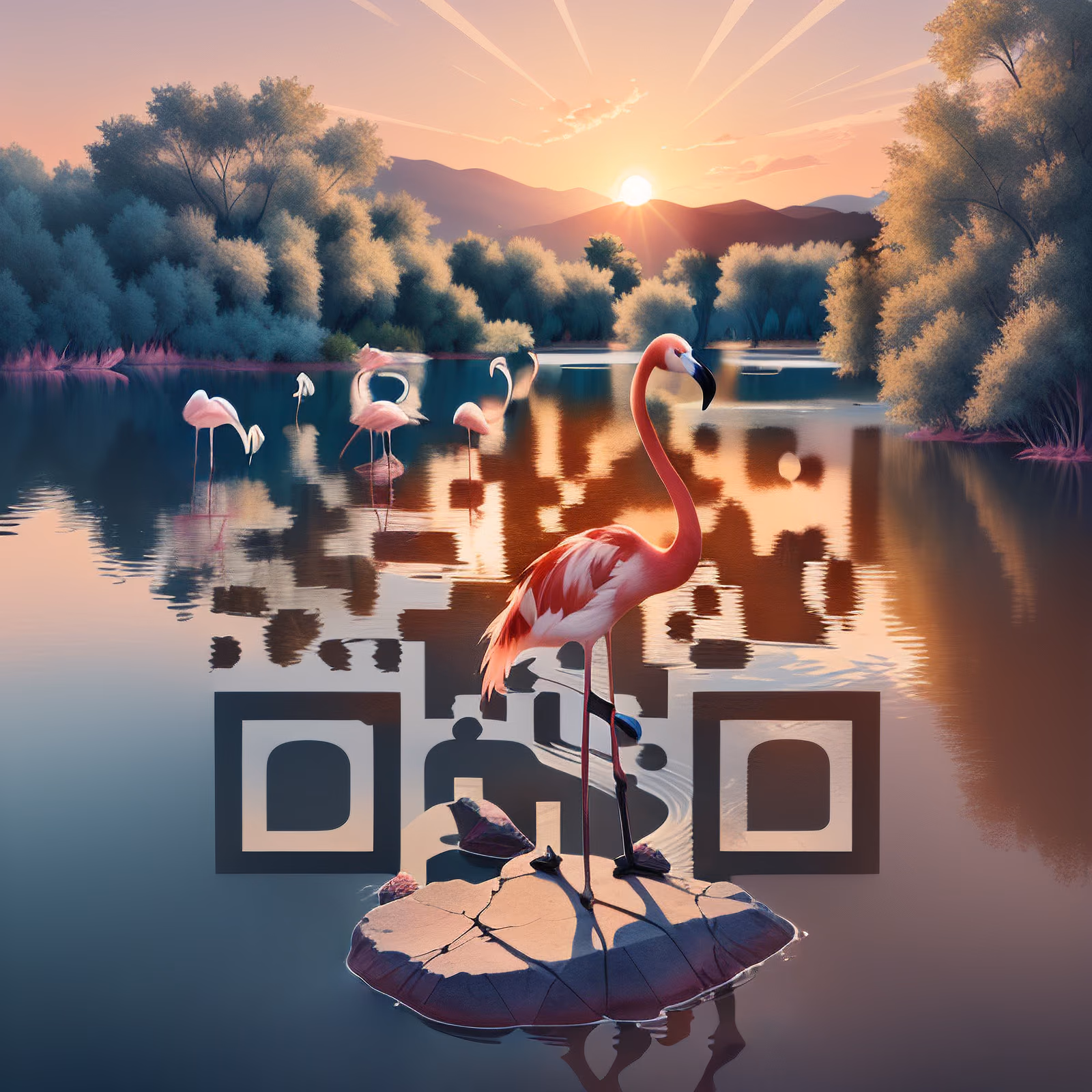 Flamingo Lake Sunset Digital Painting QR Code Art — image 1