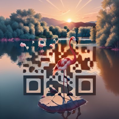 Flamingo Lake Sunset Digital Painting QR Code Art