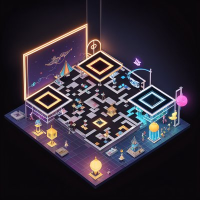 Isometric Neon Carnival Diorama QR Code for Posters